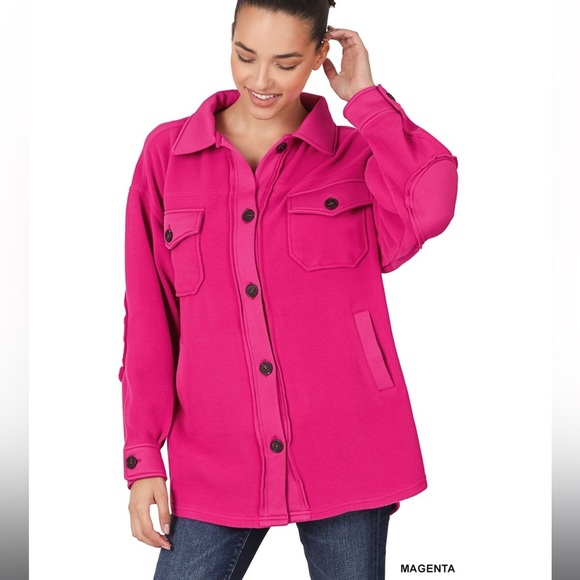 Zenana Outfitters Jackets & Blazers - Zenana All About the Fleece Lightweight Button-Down Shacket magenta large